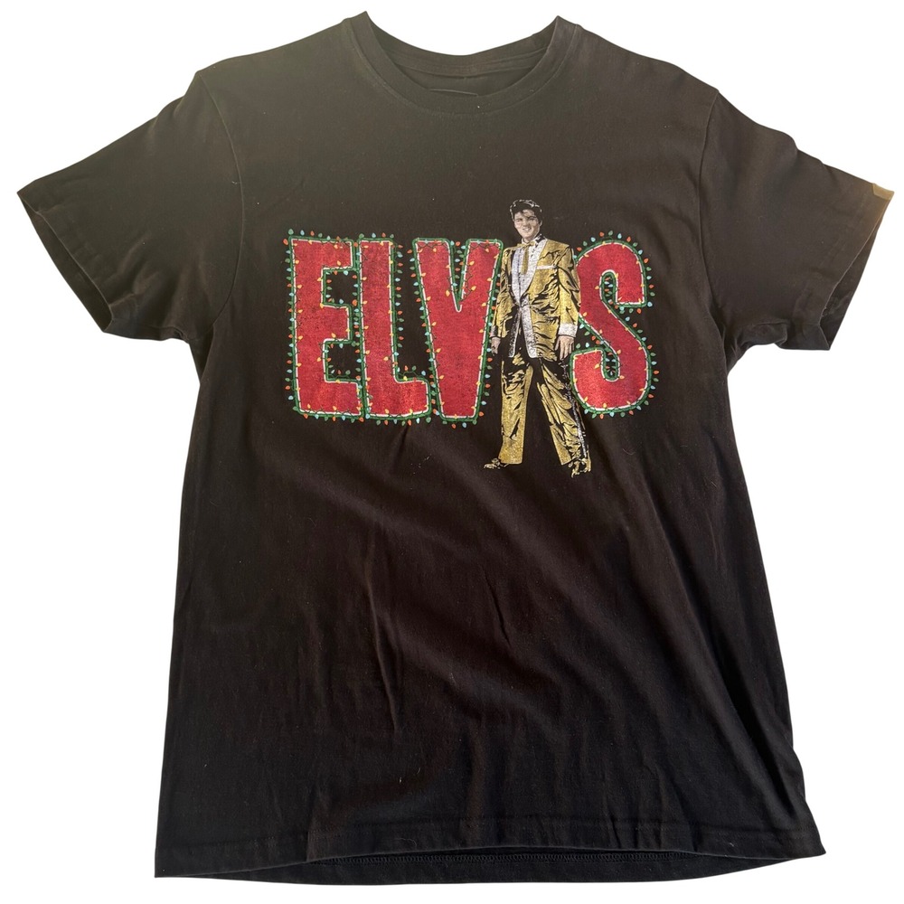Elvis Presley Gold Suit Christmas Lights Graphic T-Shirt Black Mens Medium